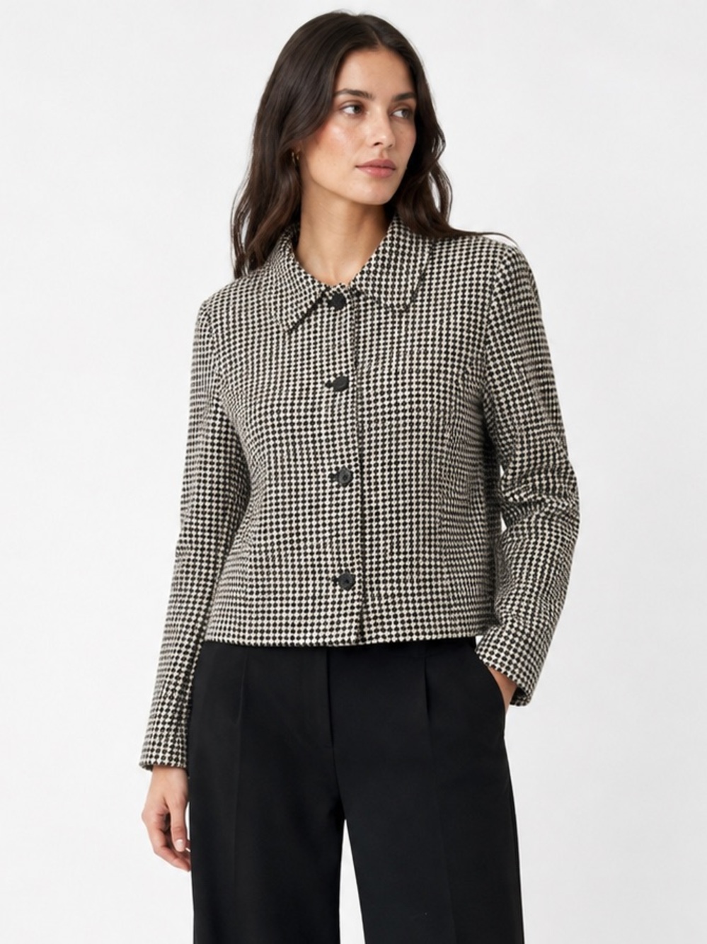 Talbots Vintage Houndstooth Wool Jacket 12 Black White Cropped‎ Blazer Made USA